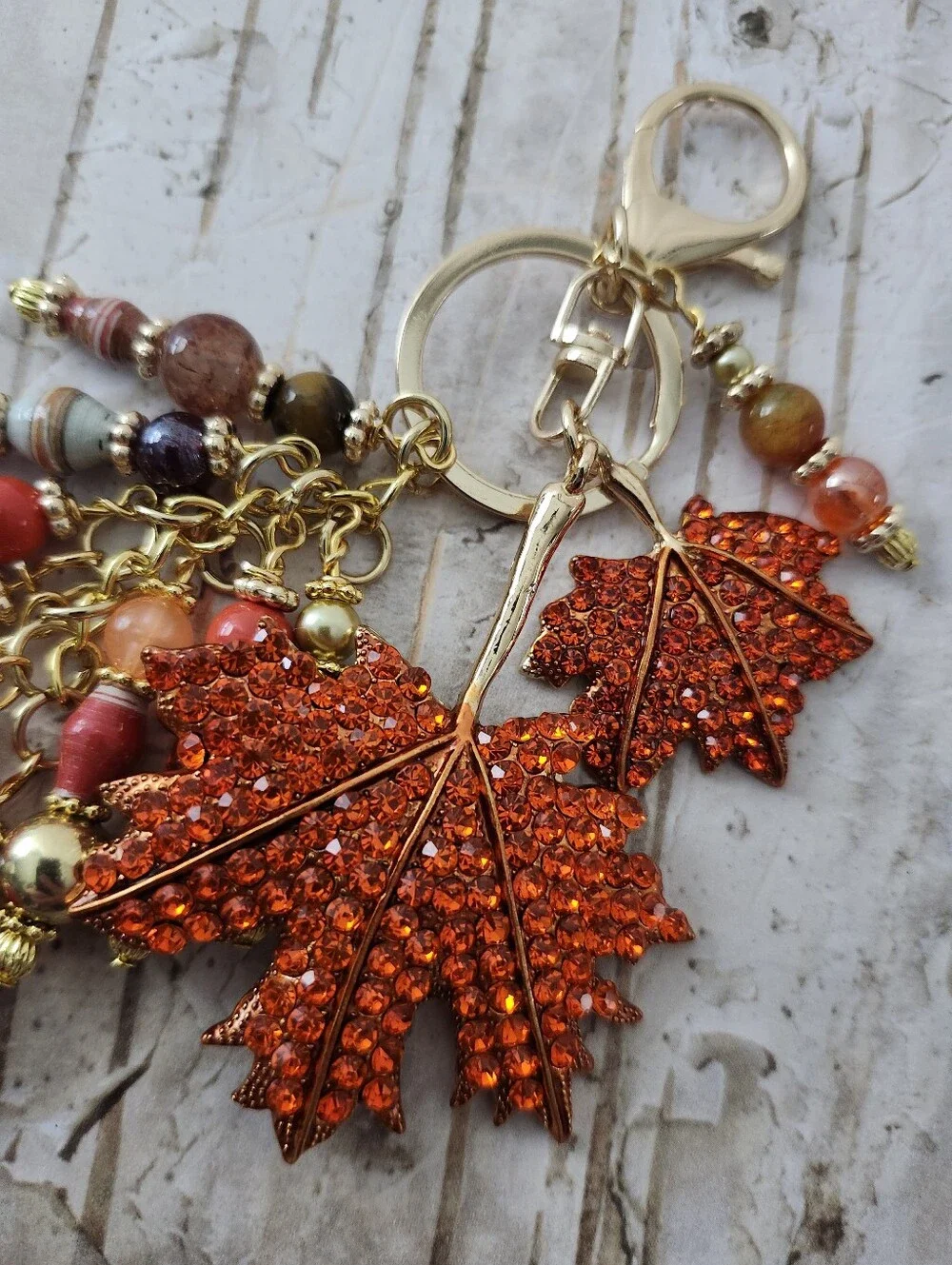 Autumn Leaf Purse Charm or Keychain Fire Agate Jasper Carnelian Handcrafted